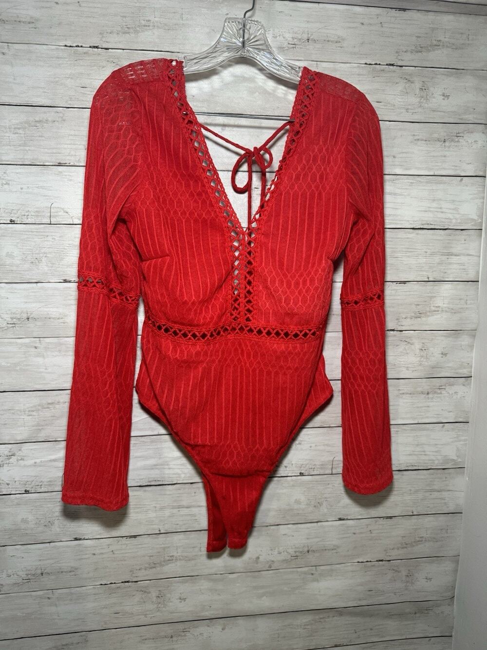 Womens Large Boho Bell Sleeve Red Bodysuit V-Neck large